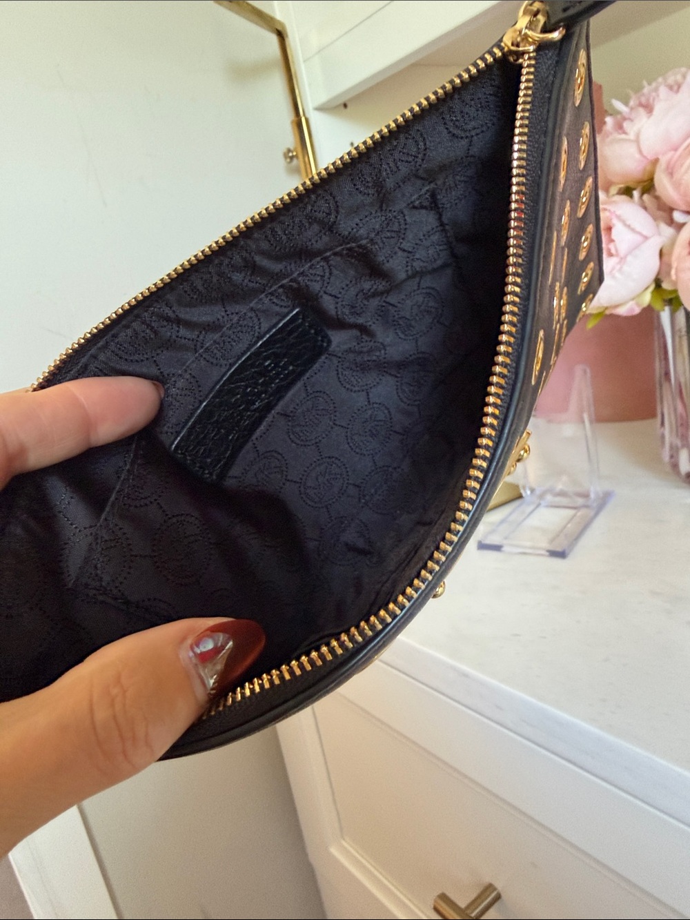 Michael Kors Black Wristlet Clutch with Gold Stud Accents